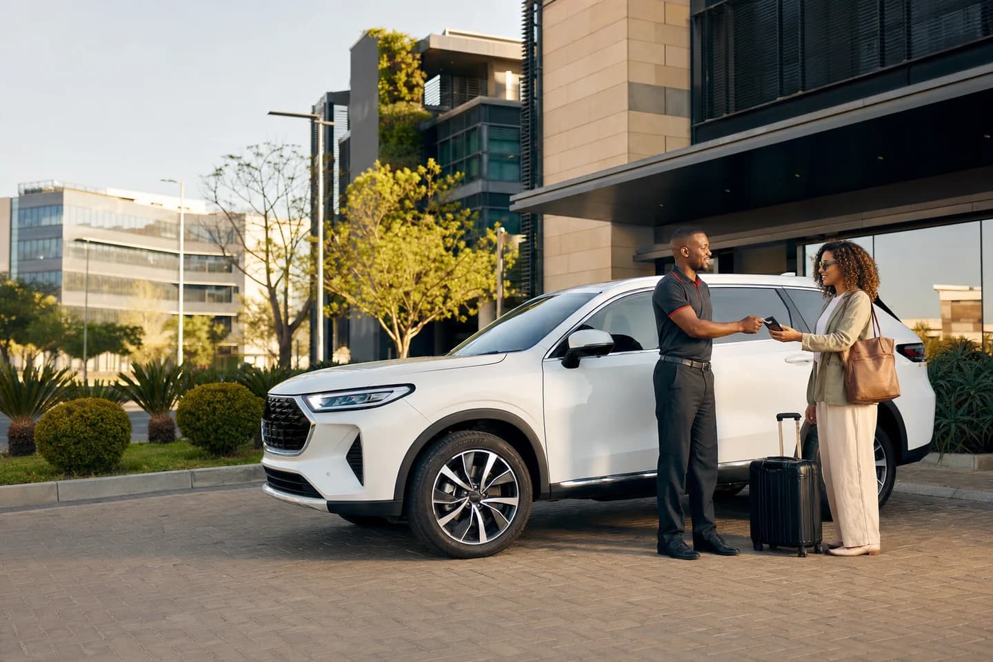 Illustrative vehicle handover scene in a modern Gaborone setting.