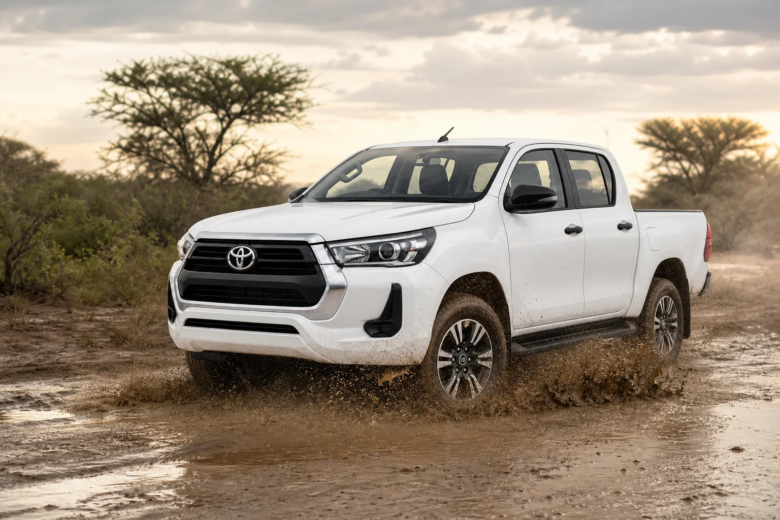 White Toyota Hilux driving through a shallow muddy track in the Botswana bush.